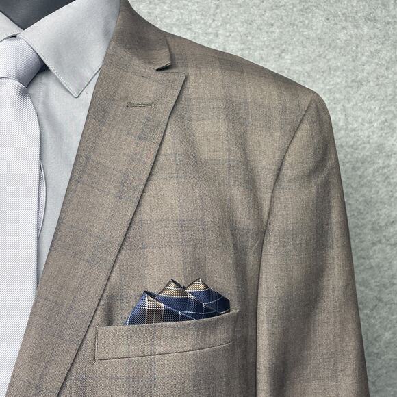 West End Mens 3pc Suit Tan Plaid Check 48L IT Fits US 44L/46L 40W Tapered Pants - Picture 2 of 15